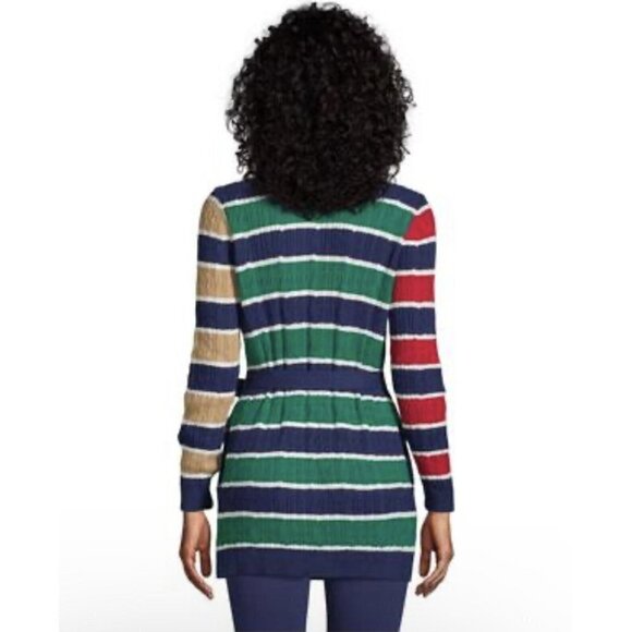 Lands End Cable Knit‎ Tie Front Cardigan Size M Tall 10-12 Stripe Green Red Blue - Picture 2 of 12